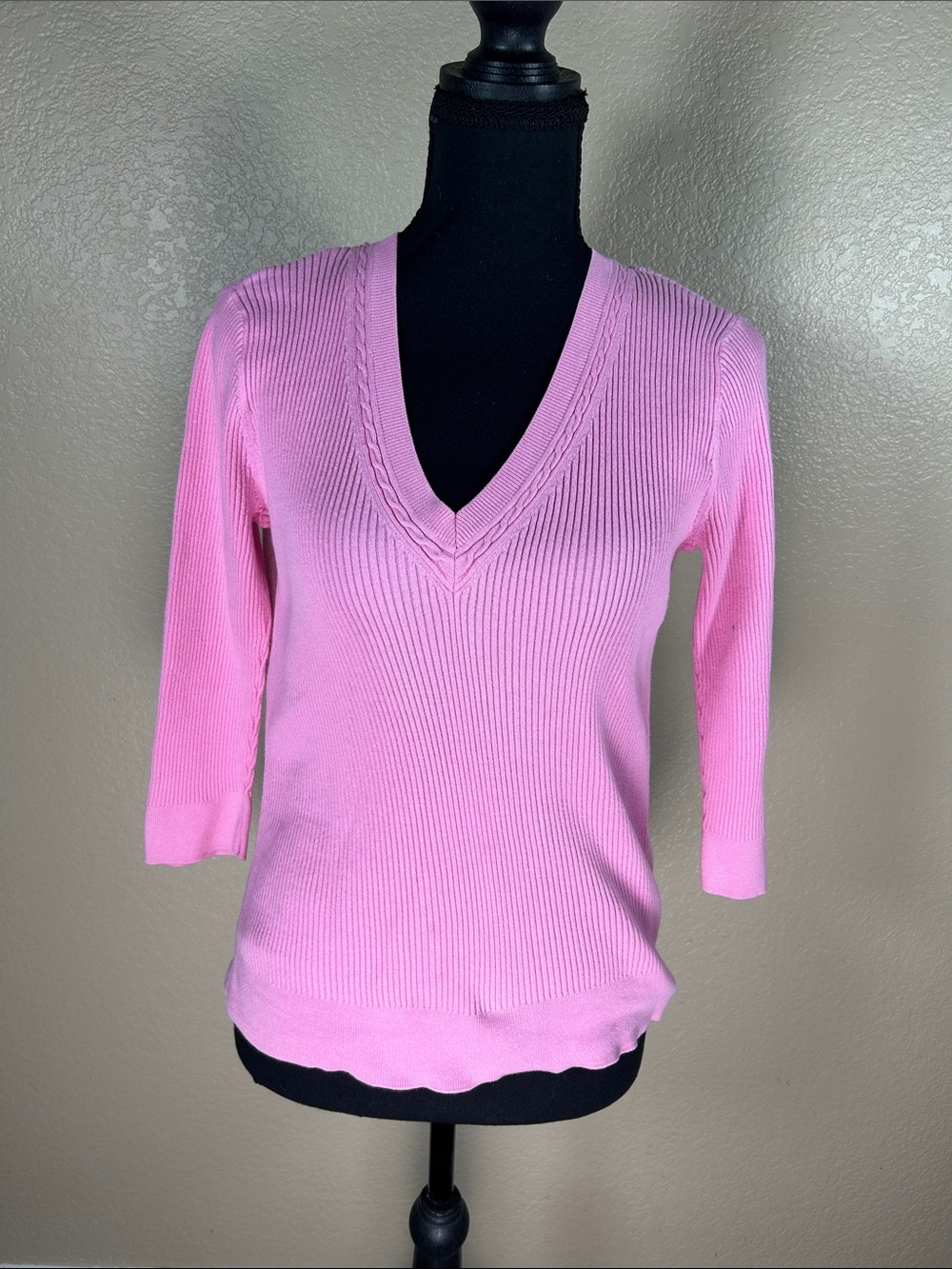 Ralph Lauren Light Pink Ribbed V-Neck Sweater 3/4 Sleeve Size M